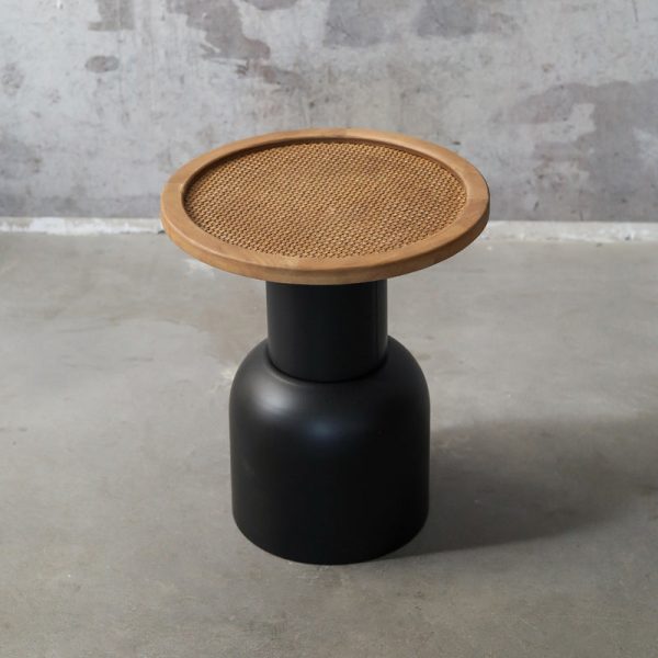 Traditional Vintage Round Cylinder Iron Rattan Wood End Table For Living Room - Image 7