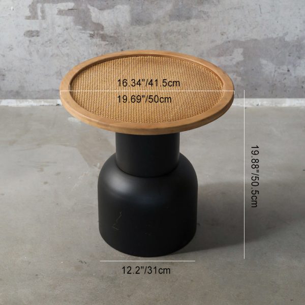 Traditional Vintage Round Cylinder Iron Rattan Wood End Table For Living Room - Image 10