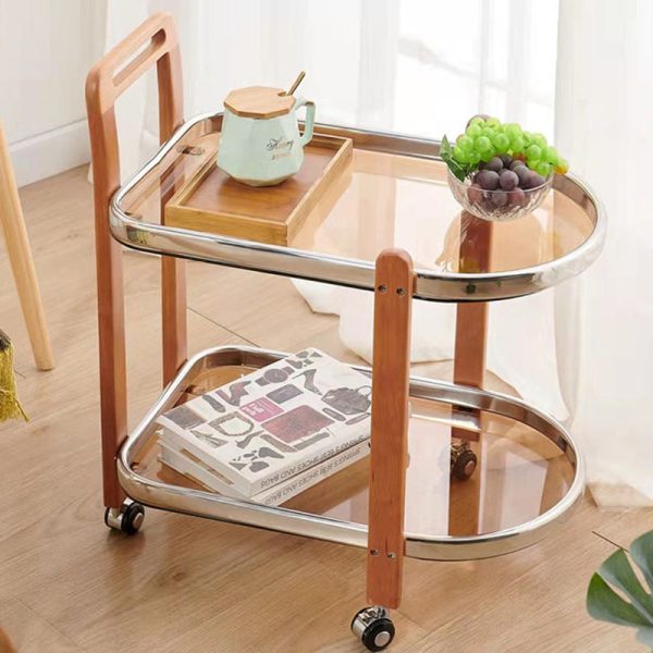 Modern Minimalist Square Wood Glass End Table Two Tier Trolley Swivel For Living Room - Image 19