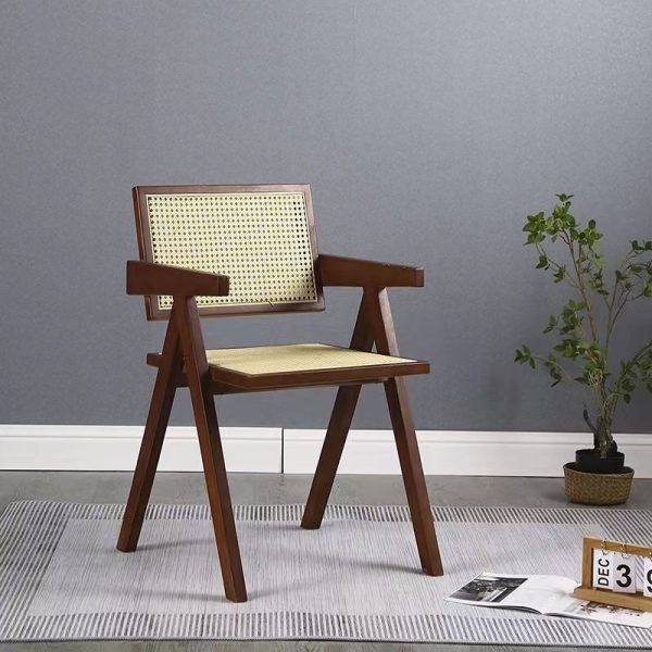 Modern Minimalist Square Solid Wood Rattan Dining Chair Four Legs Backrest Armrest For Dining Room - Image 9