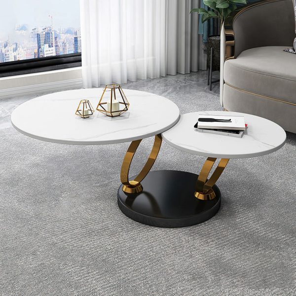 Contemporary Nordic Round Slab Stainless Steel Coffee Table 2-Shelf For Living Room - Image 13