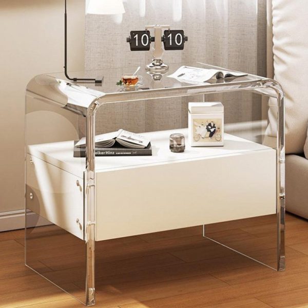Modern Simplicity Rectangular Tabletop Acrylic Solid Wood Nightstand 1-Drawer For Bedroom - Image 2