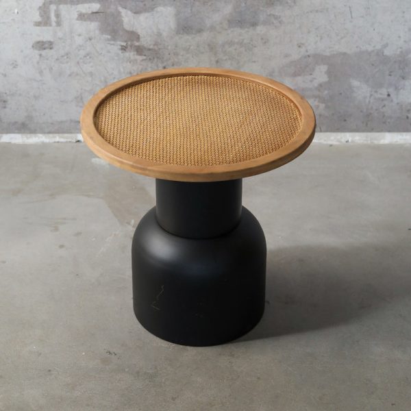 Traditional Vintage Round Cylinder Iron Rattan Wood End Table For Living Room - Image 9