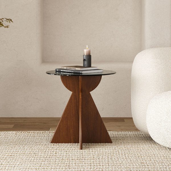 Contemporary Retro Geometric Oval Tempered Glass Wood Base End Table For Living Room - Image 2