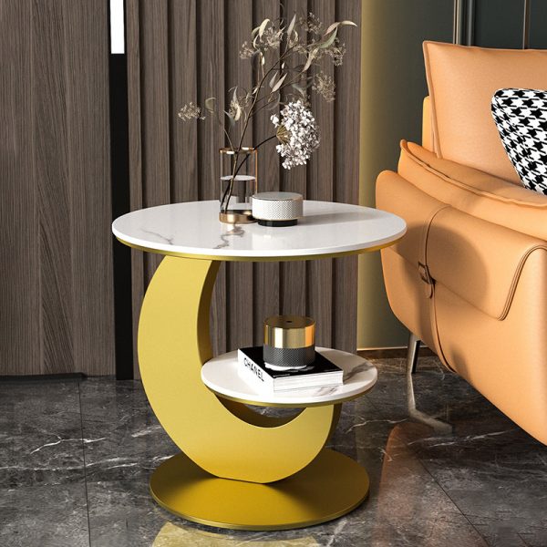 Modern Luxury Round Crescent Moon Frame Slab Carbon Steel End Table 2-Tray For Living Room - Image 5