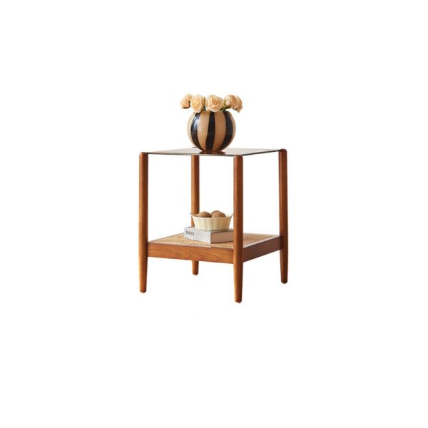 Traditional Japanese Weaving Square Ash Wood Glass End Table 2-Tier For Living Room - Image 10