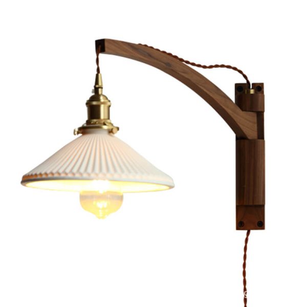 Nordic Milk White Striped Glass Walnut Retractable 1-Light Wall Sconce Lamp - Image 14