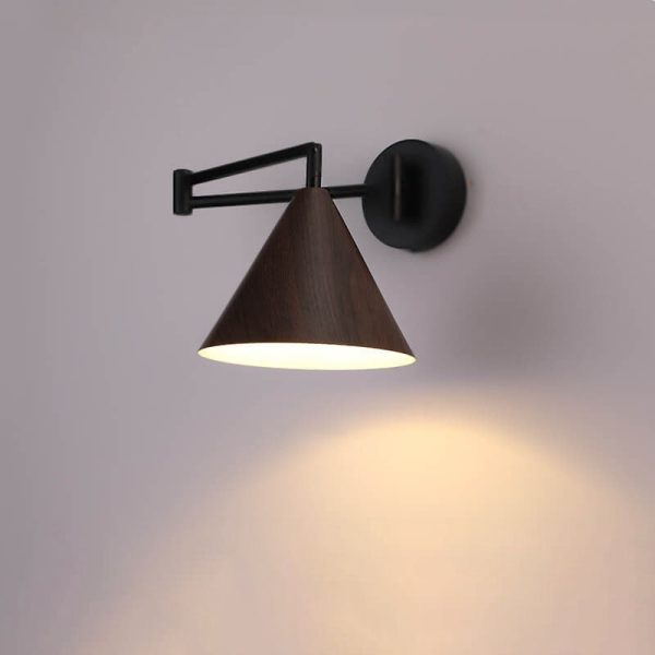 Nordic Minimalist Cone Swing Arm Wood Grain Iron 1-Light Wall Sconce Lamp - Image 15