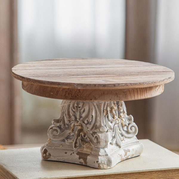 Traditional Vintage Round Column Carved Cedar Magnesium Oxide Tray Side Table For Dining Room - Image 3