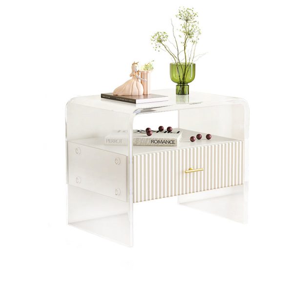 Modern Luxury Rectangular Table Top Acrylic Tempered Glass Solid Wood Nightstand 1-Drawer For Bedroom - Image 15