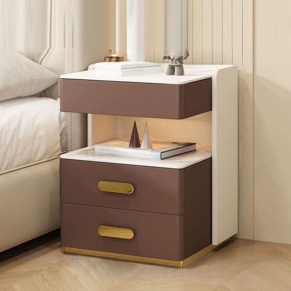 Contemporary Luxury Rectangular Rock Slab Solid Wood Leather Nightstand 2-Drawer For Bedroom - Image 2