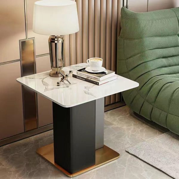Contemporary Scandinavian Square Column Slate Leather Wood Carbon Steel End Table For Living Room - Image 9