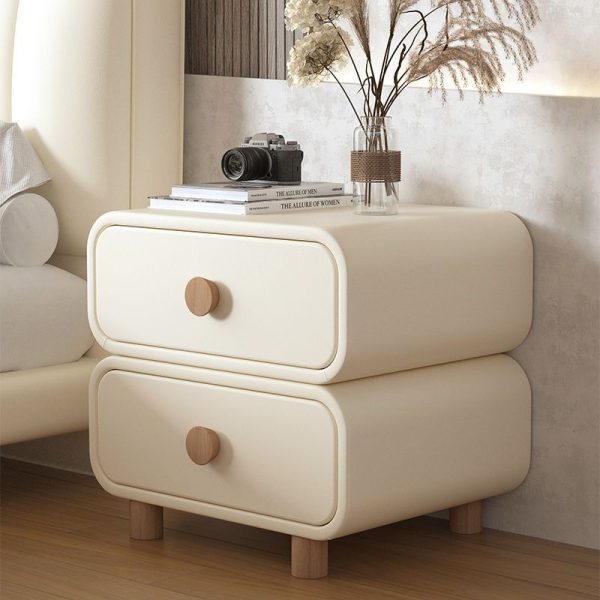 Contemporary Scandinavian Square Tabletop Solid Wood Microfiber Leather Stainless Steel Nightstand 2-Drawer For Bedroom - Image 2