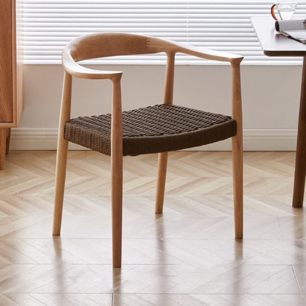 Traditional Vintage Braided Rope Wood Legs Square Dining Chair Backrest Armrest For Dining Room - Image 2