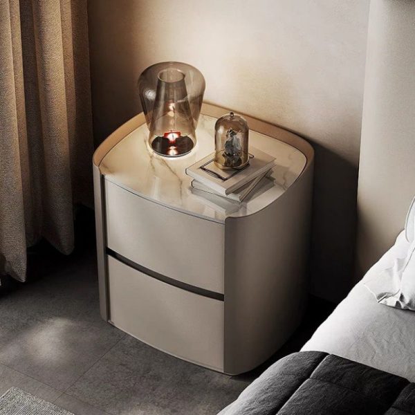 Modern Simplicity Elliptical Slab Microfiber Leather Wood Nightstand 2-Drawer For Bedside - Image 3