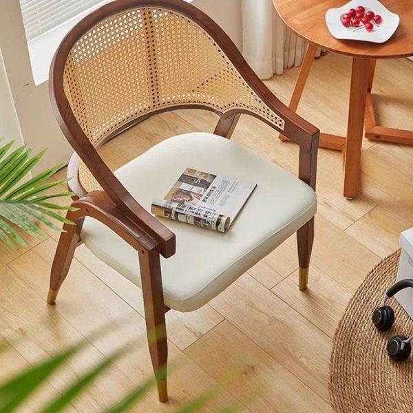 Traditional Vintage Square Upholstered Solid Wood Rattan Linen Dining Chair Backrest Armrest For Dining Room - Image 2
