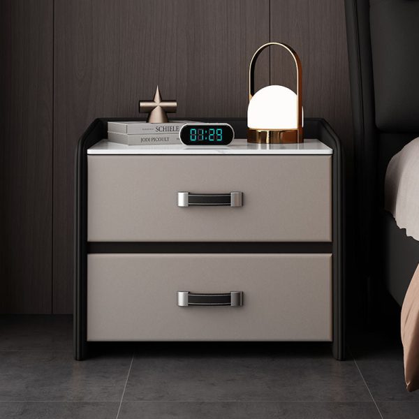 Modern Simplicity Rectangular Slab Saddle Leather Wood Nightstand 2-Drawer For Bedside - Image 2