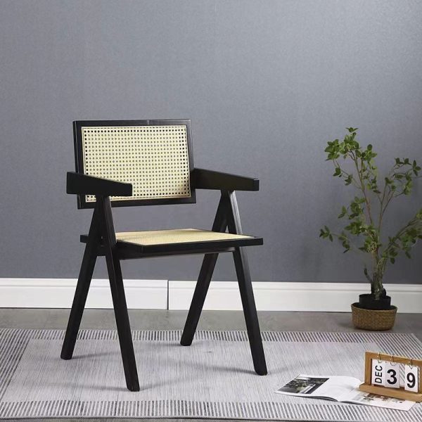 Modern Minimalist Square Solid Wood Rattan Dining Chair Four Legs Backrest Armrest For Dining Room - Image 10