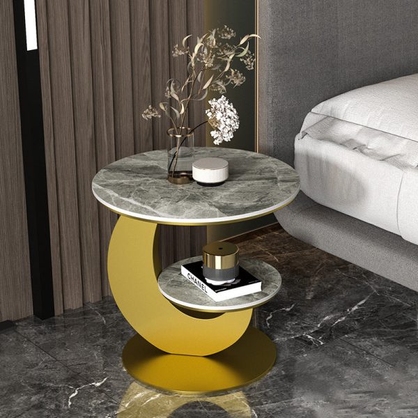 Modern Luxury Round Crescent Moon Frame Slab Carbon Steel End Table 2-Tray For Living Room - Image 6