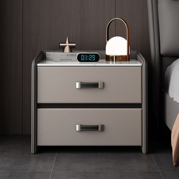 Modern Simplicity Rectangular Slab Saddle Leather Wood Nightstand 2-Drawer For Bedside - Image 3