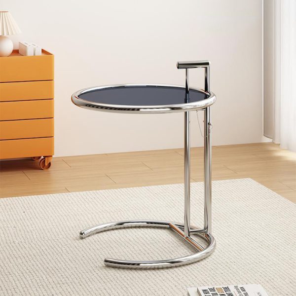Modern Minimalist Round Tabletop Stainless Steel Tempered Glass Side Table Extendable For Living Room - Image 3
