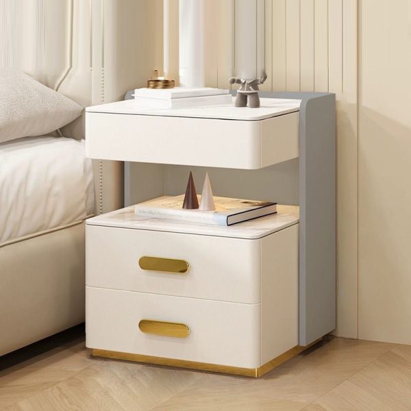 Contemporary Luxury Rectangular Rock Slab Solid Wood Leather Nightstand 2-Drawer For Bedroom - Image 3
