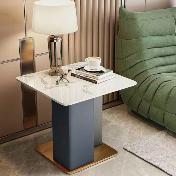 Contemporary Scandinavian Square Column Slate Leather Wood Carbon Steel End Table For Living Room - Image 10