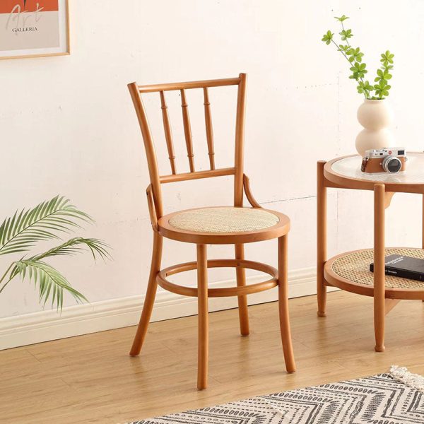 Traditional Vintage Round Cylinder Solid Wood Rattan Dining Chair Backrest For Living Room - Image 4