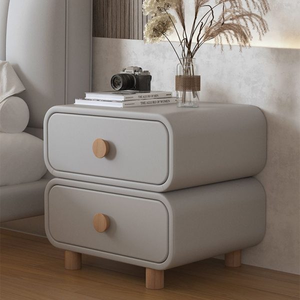 Contemporary Scandinavian Square Tabletop Solid Wood Microfiber Leather Stainless Steel Nightstand 2-Drawer For Bedroom - Image 3