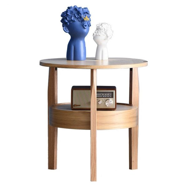 Contemporary Retro Antique Oak Wood Circular End Table 2-Tier Drawer For Living Room - Image 16