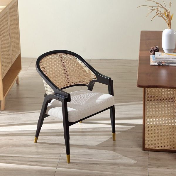 Traditional Vintage Square Upholstered Solid Wood Rattan Linen Dining Chair Backrest Armrest For Dining Room - Image 3