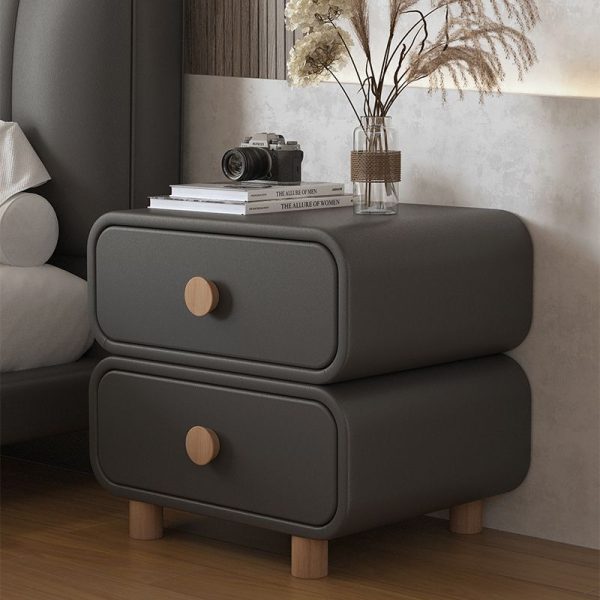 Contemporary Scandinavian Square Tabletop Solid Wood Microfiber Leather Stainless Steel Nightstand 2-Drawer For Bedroom - Image 8