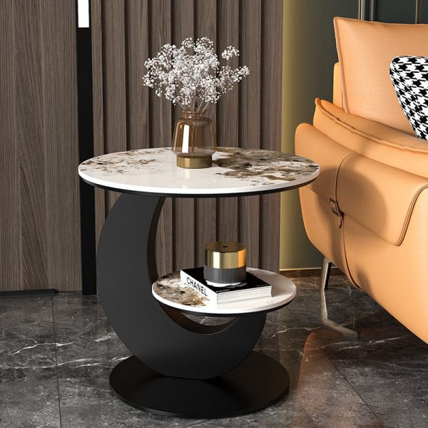Modern Luxury Round Crescent Moon Frame Slab Carbon Steel End Table 2-Tray For Living Room - Image 4