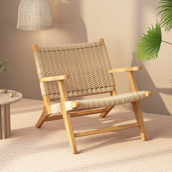 Contemporary Nordic Weaving Wood Rope Rectangular Square Accent Chair Backrest Armrest For Living Room - Image 3