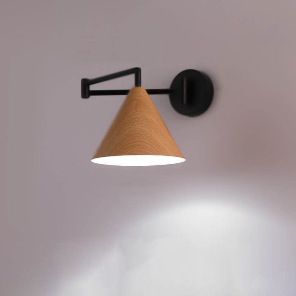 Nordic Minimalist Cone Swing Arm Wood Grain Iron 1-Light Wall Sconce Lamp - Image 17