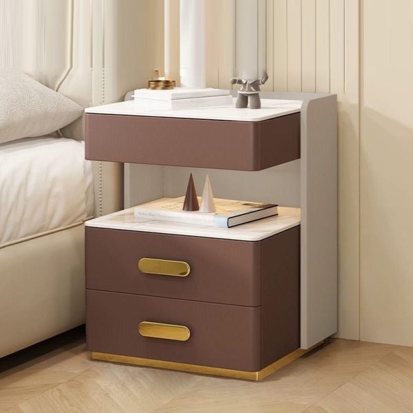 Contemporary Luxury Rectangular Rock Slab Solid Wood Leather Nightstand 2-Drawer For Bedroom - Image 19