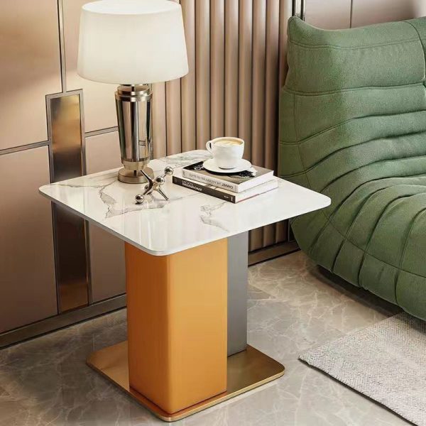 Contemporary Scandinavian Square Column Slate Leather Wood Carbon Steel End Table For Living Room - Image 11