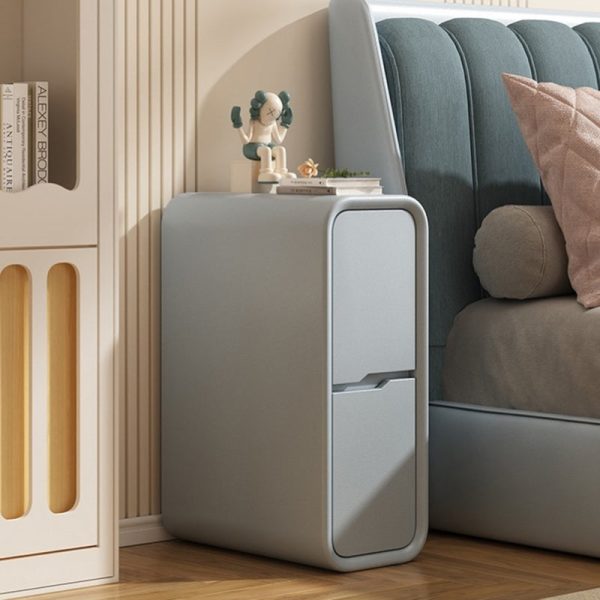 Modern Minimalist Rounded Corner Rectangular Leather Wood Metal Nightstand 2-Drawer For Bedroom - Image 9
