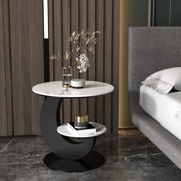Modern Luxury Round Crescent Moon Frame Slab Carbon Steel End Table 2-Tray For Living Room - Image 2