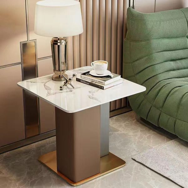 Contemporary Scandinavian Square Column Slate Leather Wood Carbon Steel End Table For Living Room - Image 12