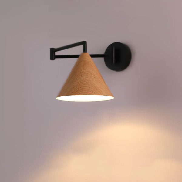 Nordic Minimalist Cone Swing Arm Wood Grain Iron 1-Light Wall Sconce Lamp - Image 18