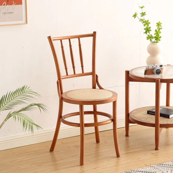 Traditional Vintage Round Cylinder Solid Wood Rattan Dining Chair Backrest For Living Room - Image 15