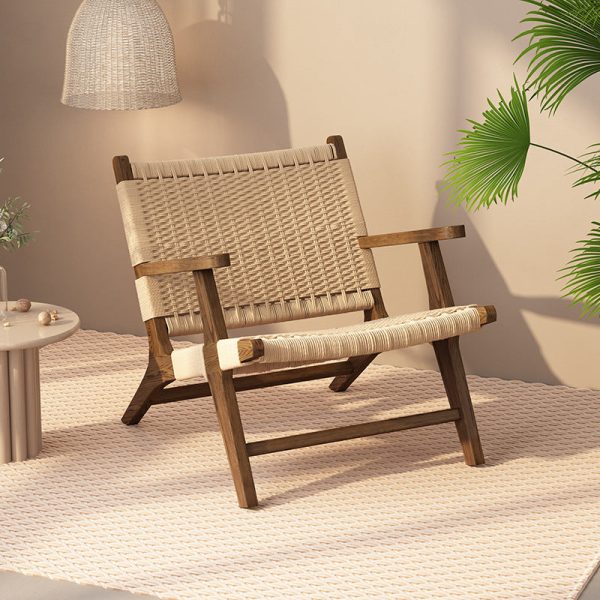 Contemporary Nordic Weaving Wood Rope Rectangular Square Accent Chair Backrest Armrest For Living Room - Image 8