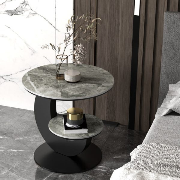 Modern Luxury Round Crescent Moon Frame Slab Carbon Steel End Table 2-Tray For Living Room - Image 10