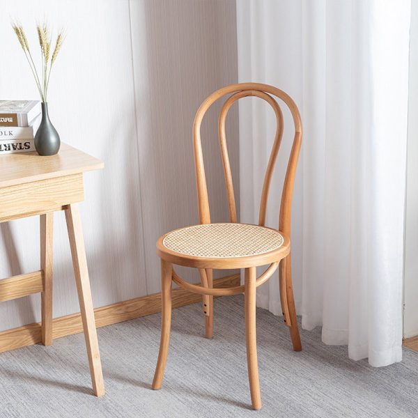 Contemporary Scandinavian Round Rattan Wood Vanity Stool Backrest Armless For Bedroom - Image 3