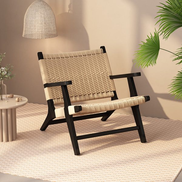 Contemporary Nordic Weaving Wood Rope Rectangular Square Accent Chair Backrest Armrest For Living Room - Image 9