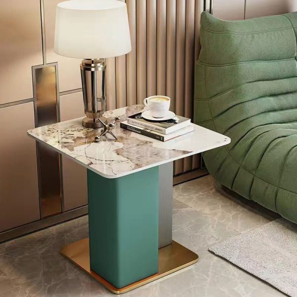 Contemporary Scandinavian Square Column Slate Leather Wood Carbon Steel End Table For Living Room - Image 13