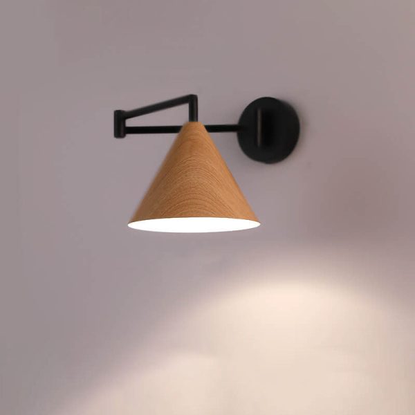 Nordic Minimalist Cone Swing Arm Wood Grain Iron 1-Light Wall Sconce Lamp - Image 2