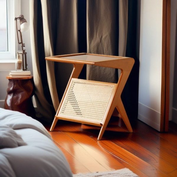 Traditional Japanese Weaving Rattan Glass Cherry Wood Ash Wood Rectangular Side Table 1-Shelf For Living Room - Image 10