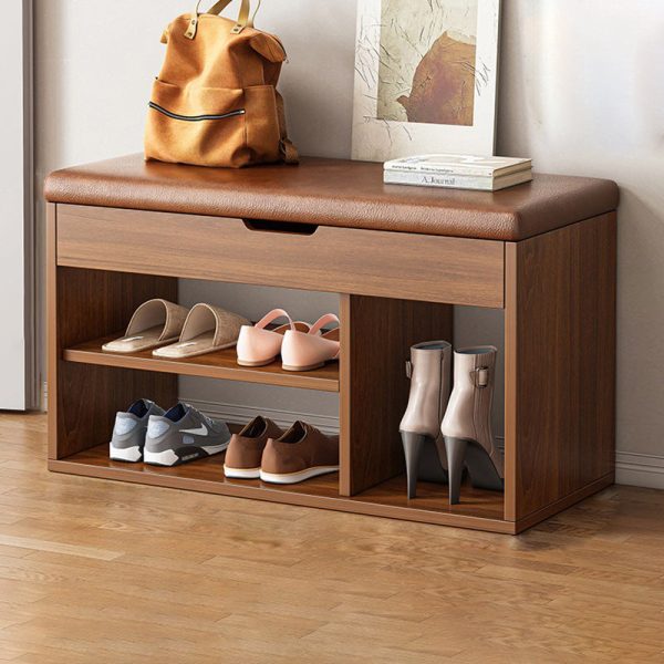 Modern Minimalist Rectangle Fabric PU Leather Wood Shoe Storage 3-Tier For Entryways - Image 2
